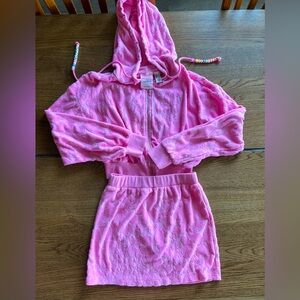 NWT Terrycloth Barbie x Forever 21 Pink Floral Print Mini Skirt and zipup hoodie